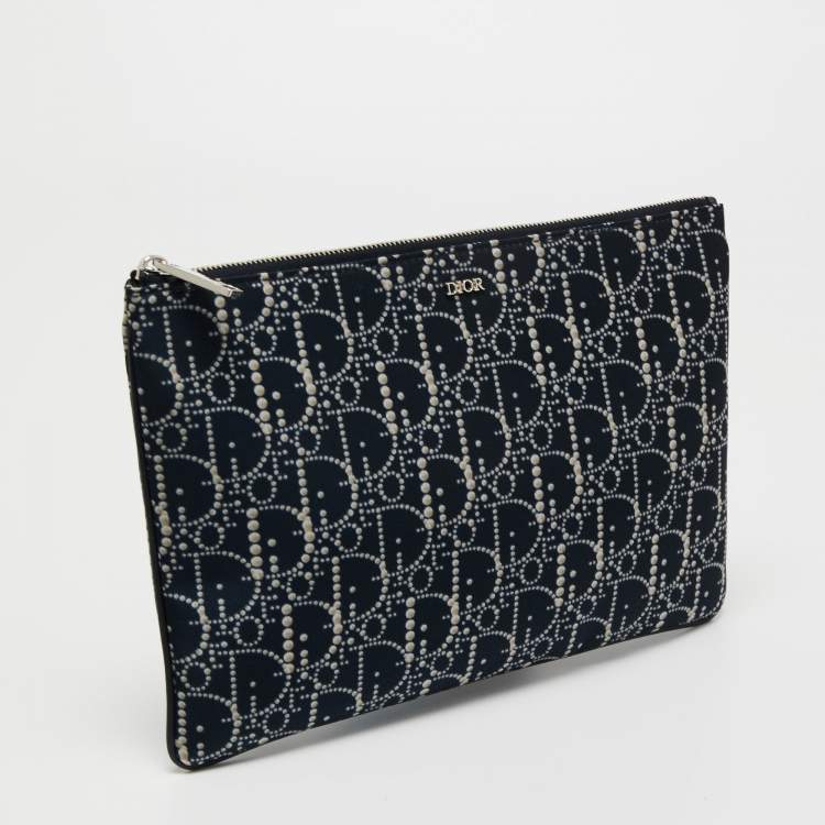 Pre Owned Dior Blue Oblique Print Nylon and Leather Zip Pouch
