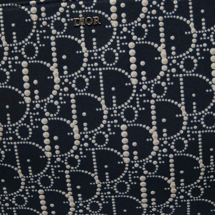 Pre Owned Dior Blue Oblique Print Nylon and Leather Zip Pouch