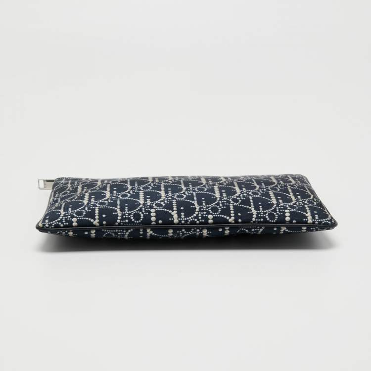Pre Owned Dior Blue Oblique Print Nylon and Leather Zip Pouch