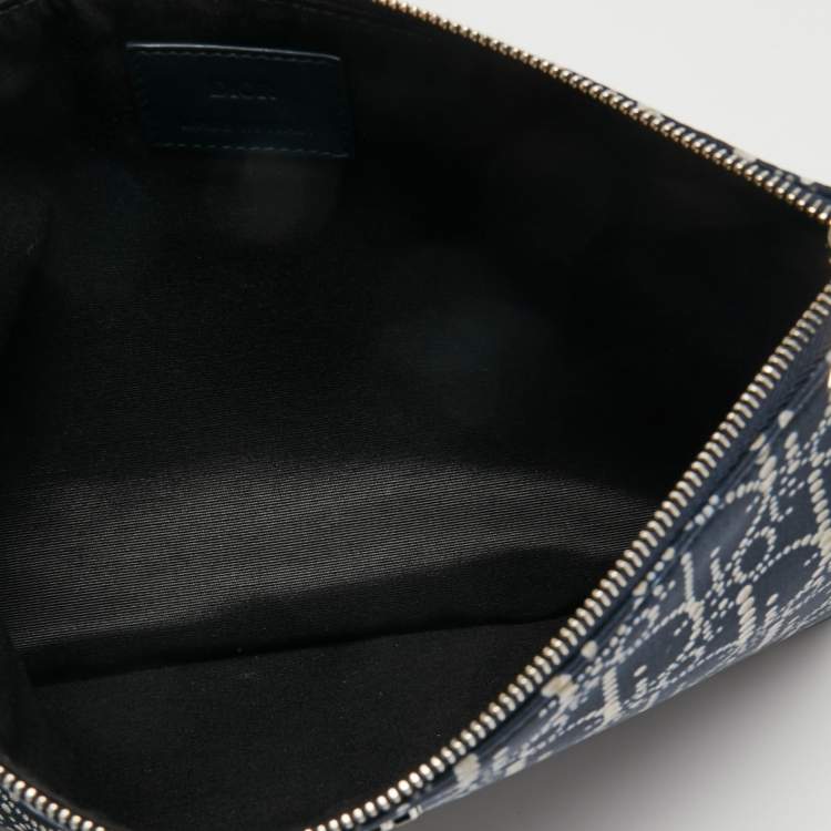 Pre Owned Dior Blue Oblique Print Nylon and Leather Zip Pouch