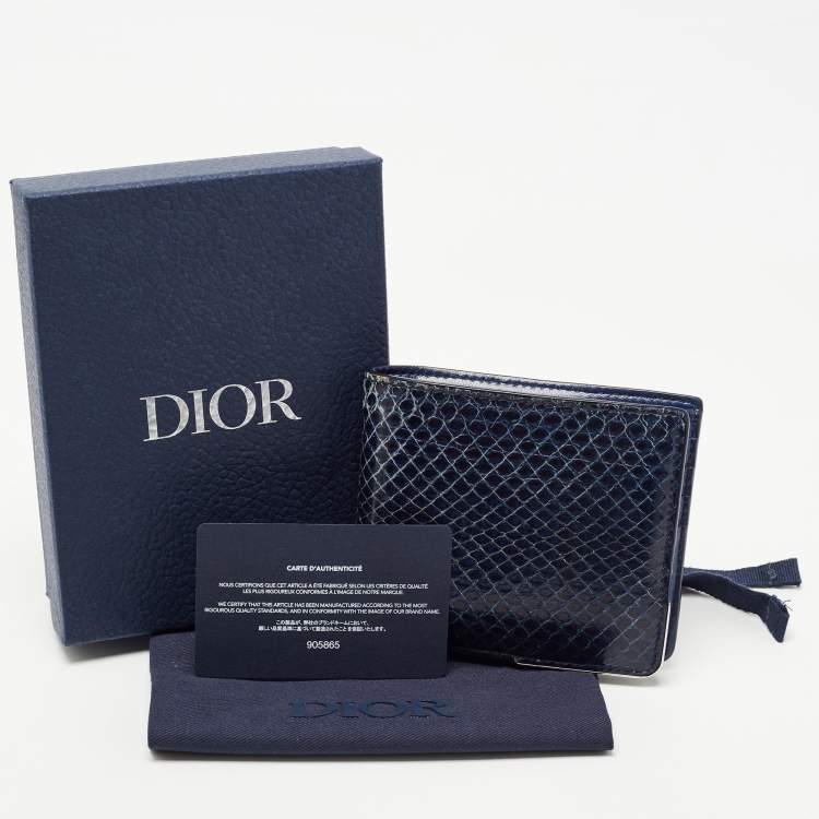 Pre Owned Dior Navy Blue Watersnake Leather Metal Edge Bifold Wallet 
