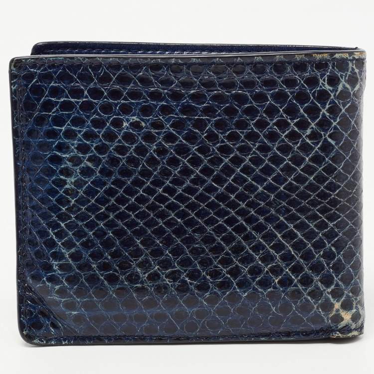 Pre Owned Dior Navy Blue Watersnake Leather Metal Edge Bifold Wallet 