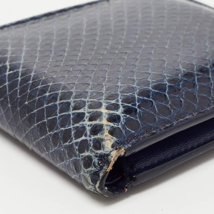 Pre Owned Dior Navy Blue Watersnake Leather Metal Edge Bifold Wallet 