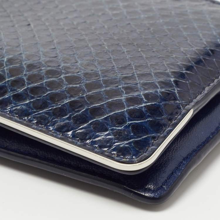 Pre Owned Dior Navy Blue Watersnake Leather Metal Edge Bifold Wallet 