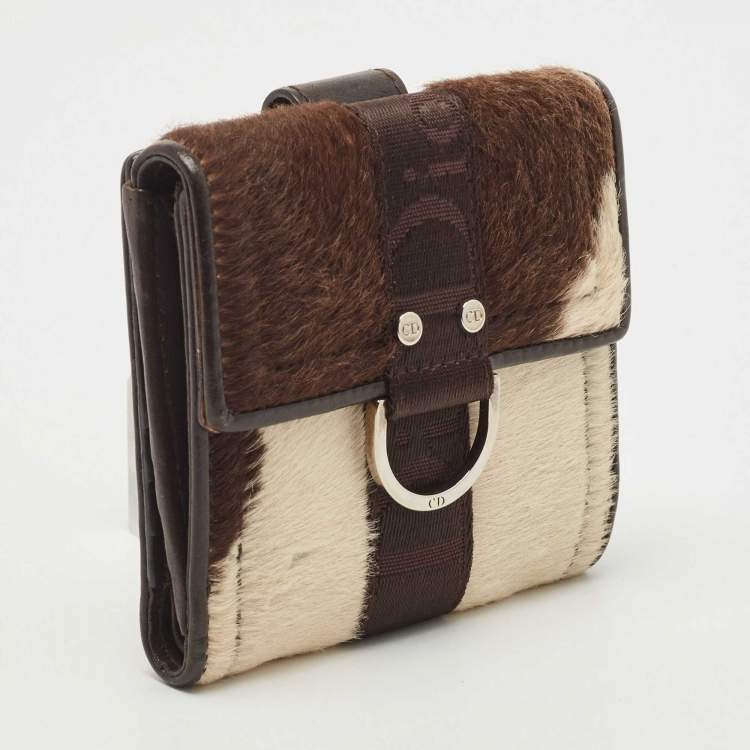 Pre Owned Dior Brown/Beige Calfhair and Leather D Ring Flap Compact Wallet