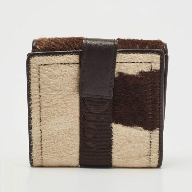 Pre Owned Dior Brown/Beige Calfhair and Leather D Ring Flap Compact Wallet