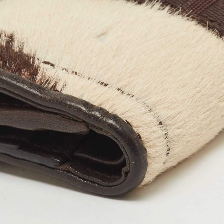 Pre Owned Dior Brown/Beige Calfhair and Leather D Ring Flap Compact Wallet