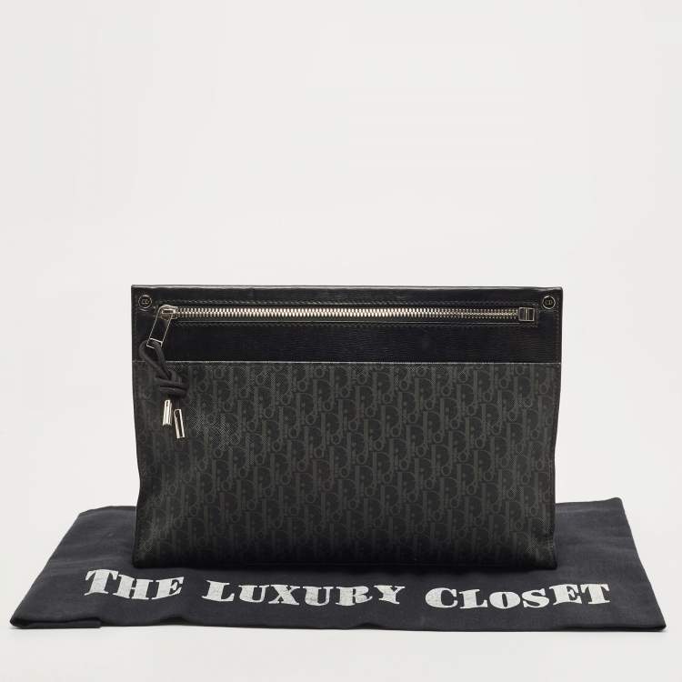 Pre Owned Dior Black Oblique Coated Canvas and Leather Zip Pouch