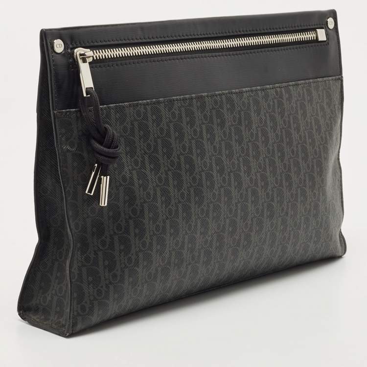Pre Owned Dior Black Oblique Coated Canvas and Leather Zip Pouch