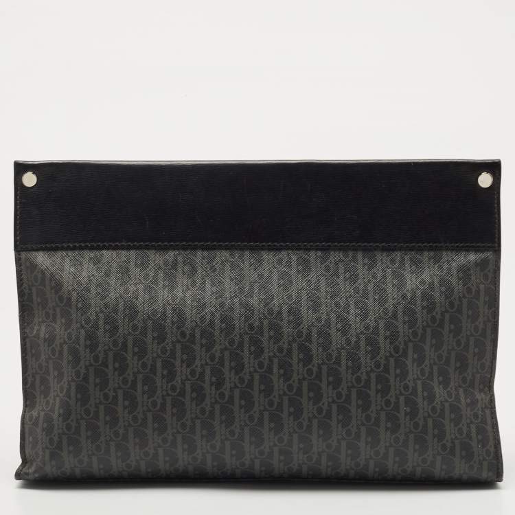 Pre Owned Dior Black Oblique Coated Canvas and Leather Zip Pouch