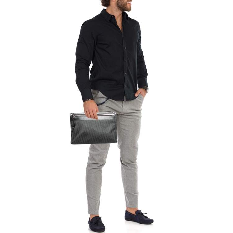 Pre Owned Dior Black Oblique Coated Canvas and Leather Zip Pouch