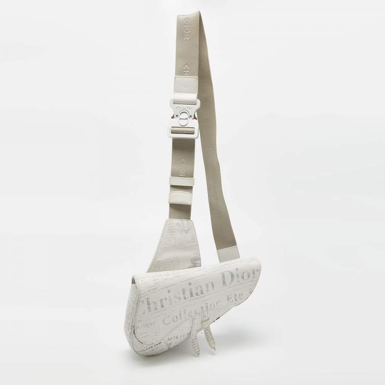 Pre Owned Dior x Daniel Arsham White Newspaper Print Leather Saddle Crossbody Bag