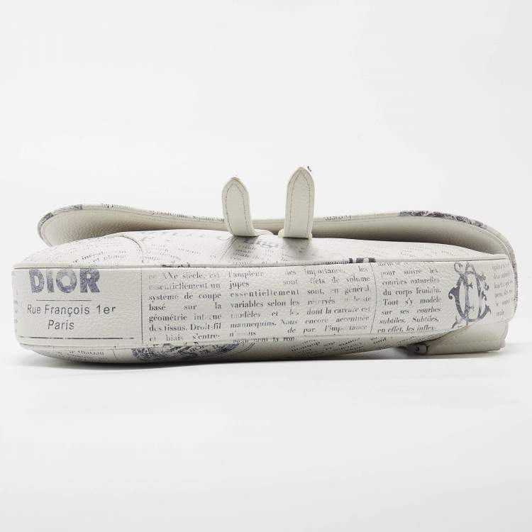 Pre Owned Dior x Daniel Arsham White Newspaper Print Leather Saddle Crossbody Bag