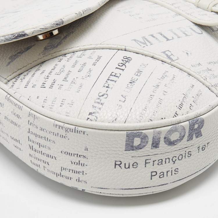Pre Owned Dior x Daniel Arsham White Newspaper Print Leather Saddle Crossbody Bag
