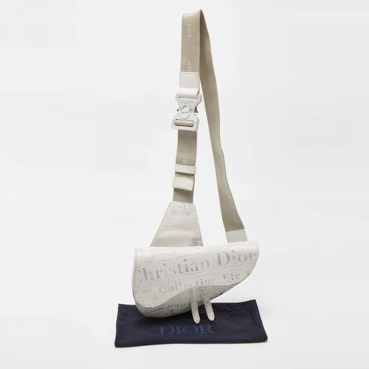 Pre Owned Dior x Daniel Arsham White Newspaper Print Leather Saddle Crossbody Bag