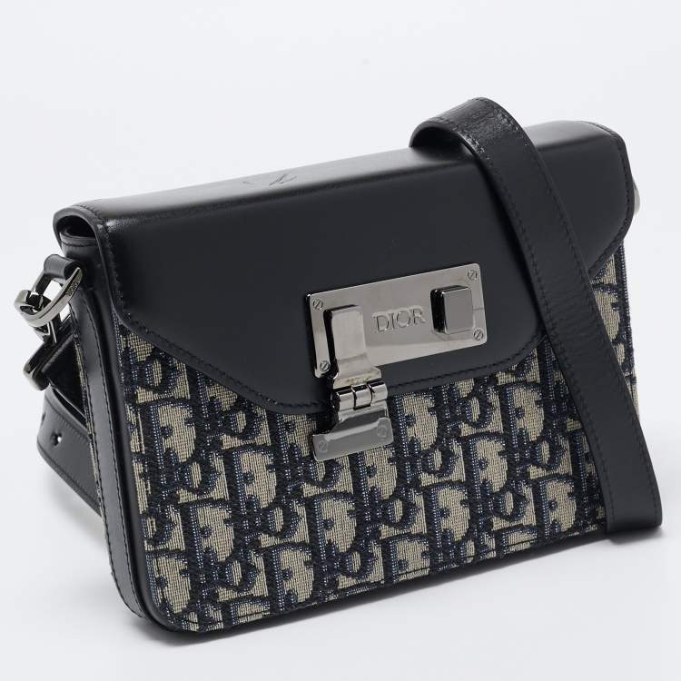 Pre Owned Dior Black/Blue Oblique Canvas and Leather Lock Messenger Bag