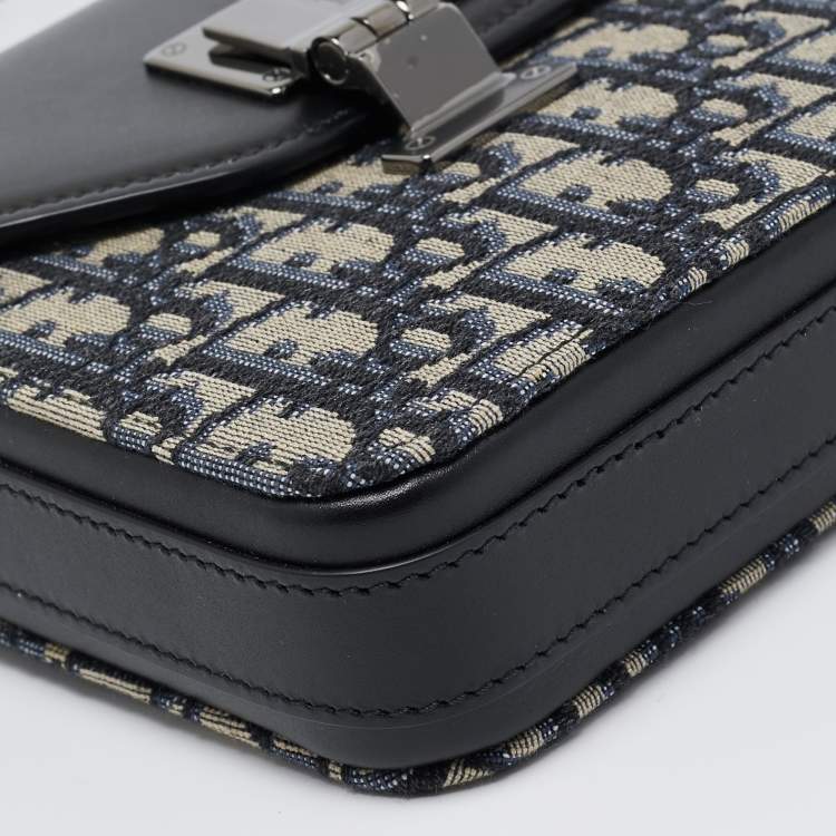 Pre Owned Dior Black/Blue Oblique Canvas and Leather Lock Messenger Bag