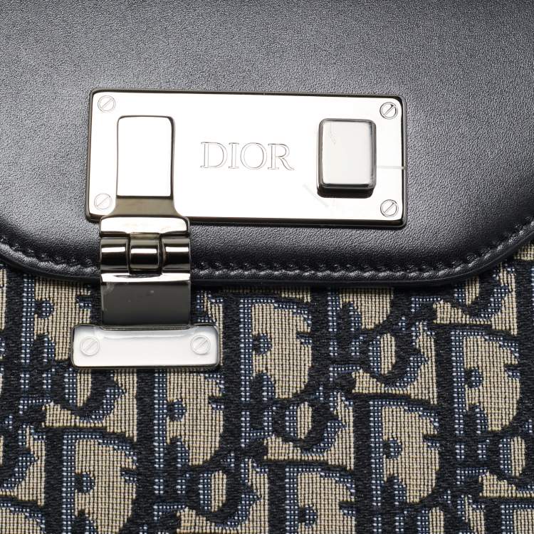Pre Owned Dior Black/Blue Oblique Canvas and Leather Lock Messenger Bag