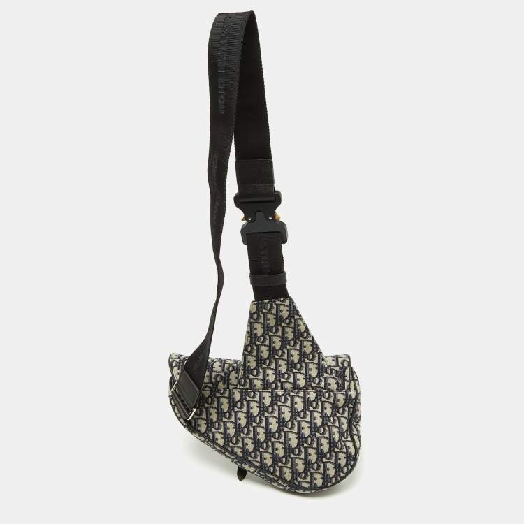 Pre Owned Dior Homme Blue/Black Oblique Canvas and Leather Saddle Sling Bag