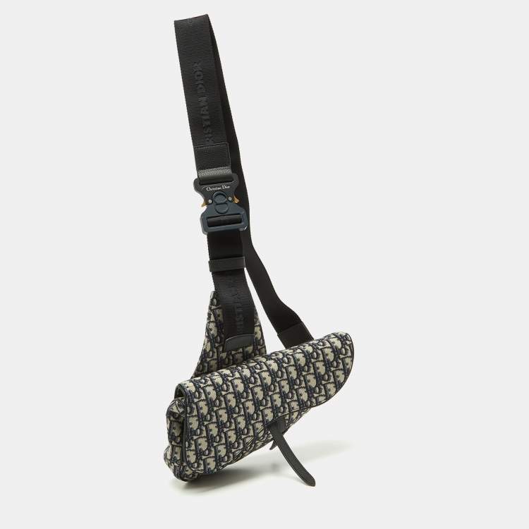 Pre Owned Dior Homme Blue/Black Oblique Canvas and Leather Saddle Sling Bag