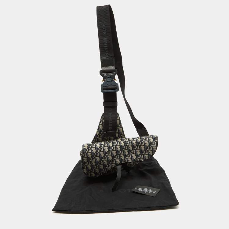 Pre Owned Dior Homme Blue/Black Oblique Canvas and Leather Saddle Sling Bag