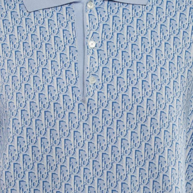 Pre Owned Dior Blue Oblique Patterned Cotton Knit Polo L