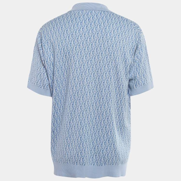 Pre Owned Dior Blue Oblique Patterned Cotton Knit Polo L