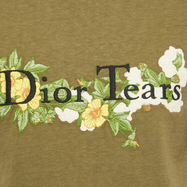 Pre Owned Dior Homme X Denim Tears Olive Green Floral Logo Embroidered Cotton T-Shirt XXS  