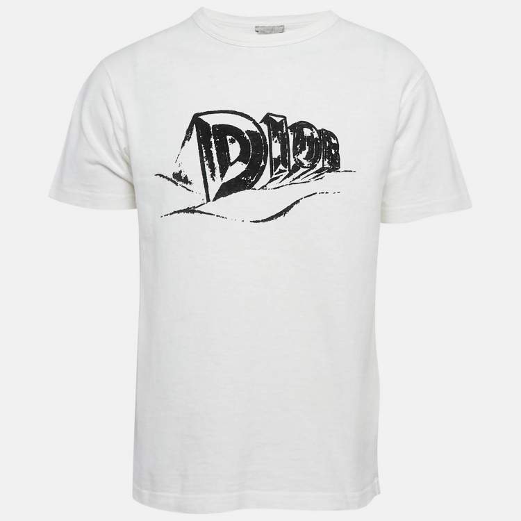 Pre Owned Dior White Print Cotton Crew Neck T-Shirt M