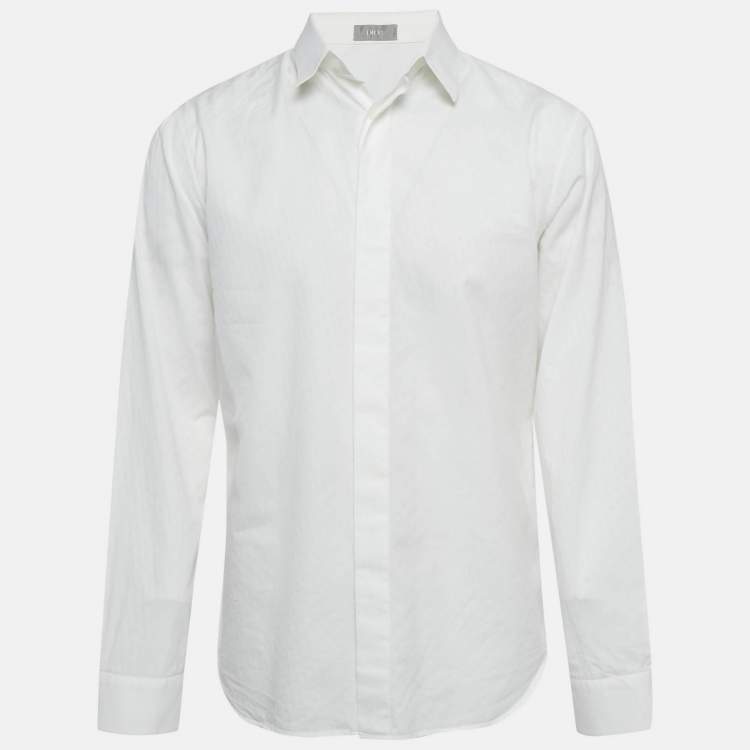 مملوكة مسبقًا قميص ديور هووم أبيض نمط أوبليك قطن أزرار أمامية مقاس كبير