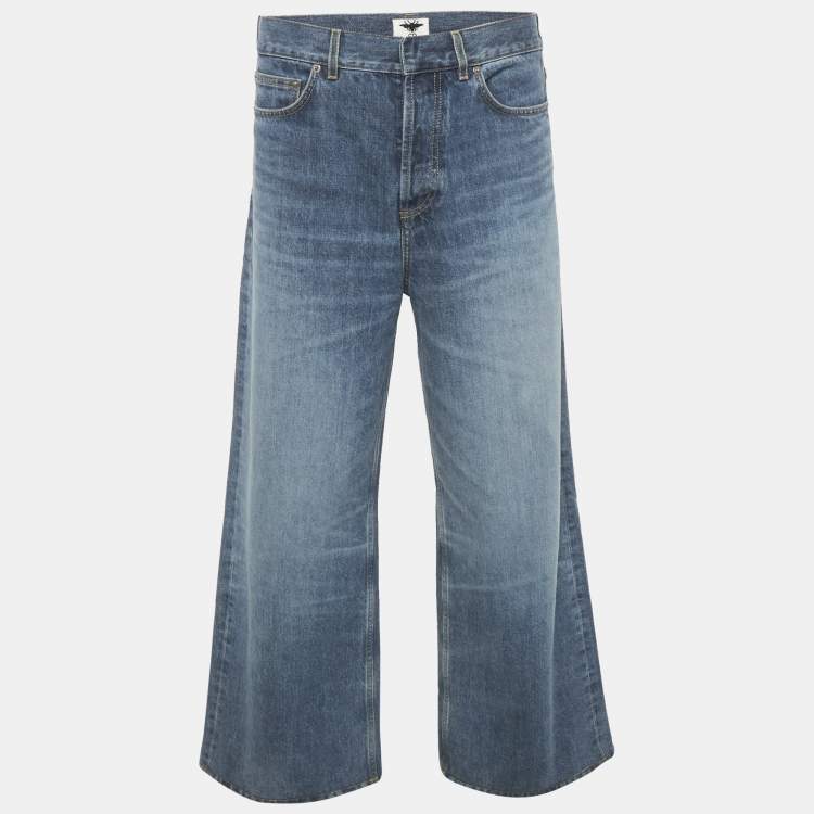 Pre Owned Christian Dior Blue Washed Denim Wide Leg Jeans L/Waist 33"
