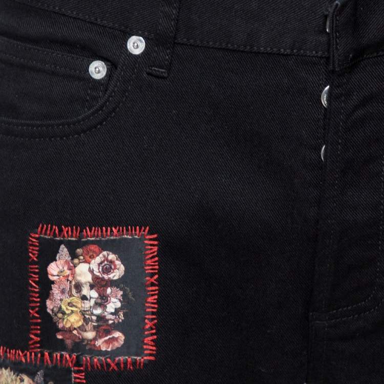 Pre Owned Dior Black Denim Floral Patch Appliqued Tapered Jeans M