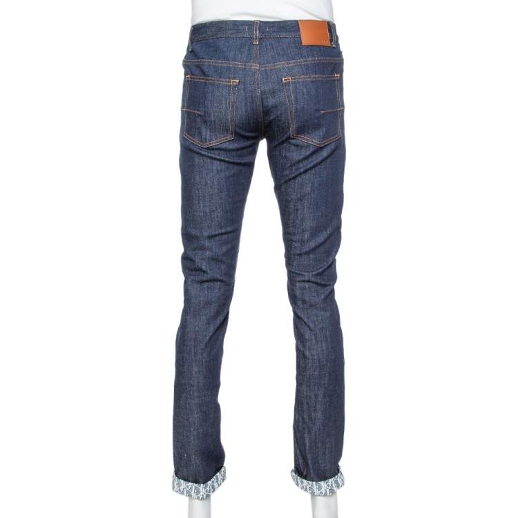 Pre Owned Dior Homme Navy Blue Denim Oblique Print Detail Slim Fit Jeans M
