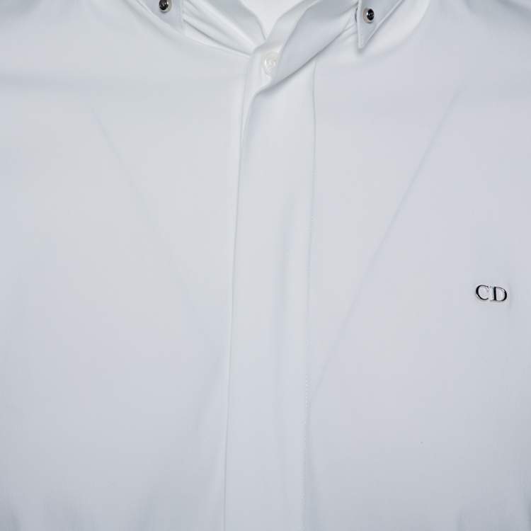 Pre Owned Dior Homme White Cotton Metal Logo Detail Button Front Shirt M