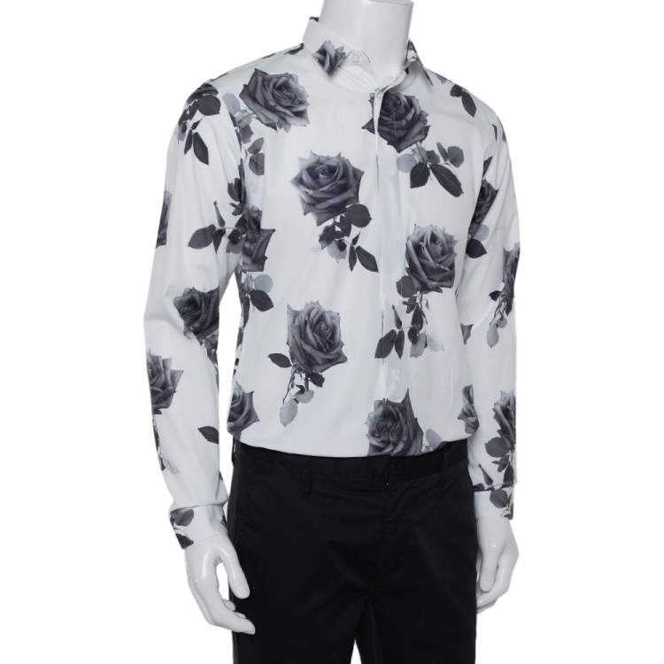 Pre Owned Dior Homme White Rose Printed Cotton Button Front Shirt M