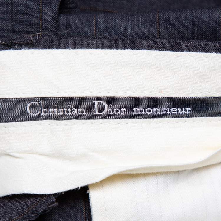 Pre Owned Christian Dior Vintage Charcoal Grey Striped Wool Straight Leg Trousers L