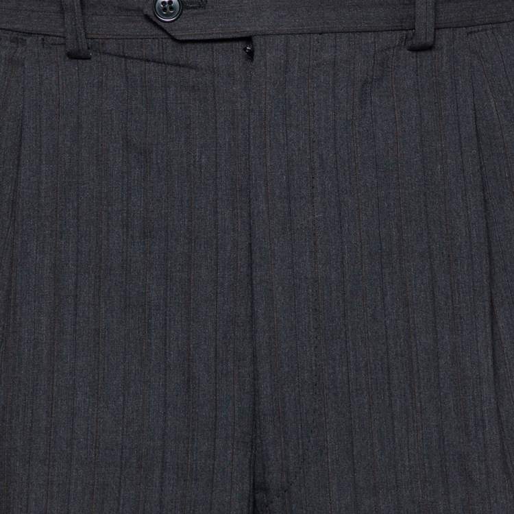 Pre Owned Christian Dior Vintage Charcoal Grey Striped Wool Straight Leg Trousers L