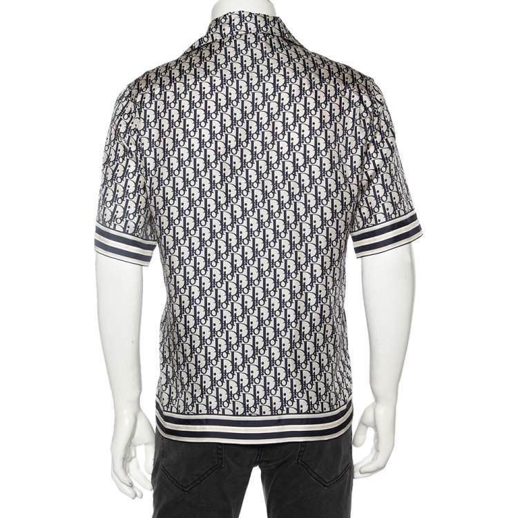 Pre Owned Dior Homme Navy Blue Oblique Monogram Silk Short Sleeve Shirt L