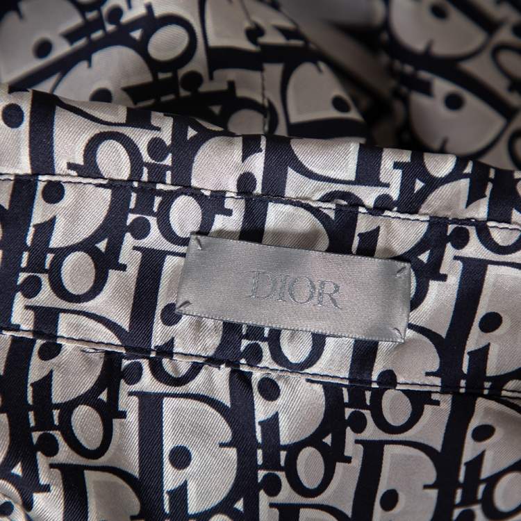 Pre Owned Dior Homme Navy Blue Oblique Monogram Silk Short Sleeve Shirt L