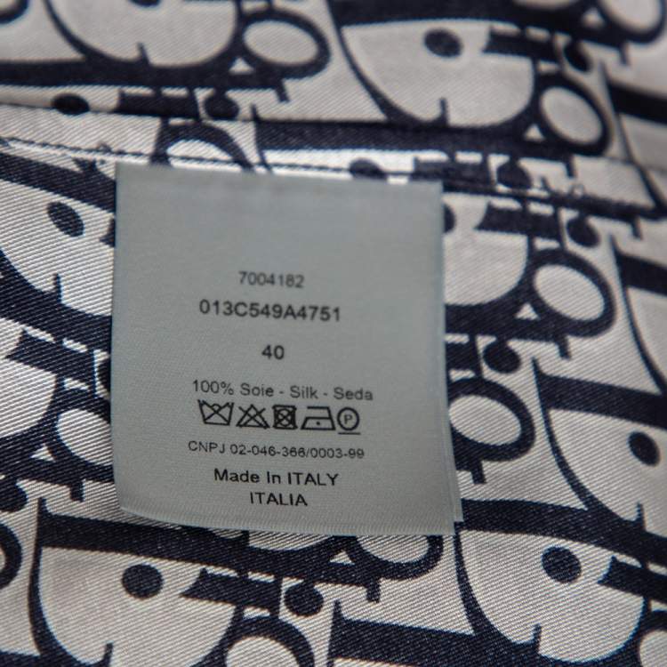 Pre Owned Dior Homme Navy Blue Oblique Monogram Silk Short Sleeve Shirt L