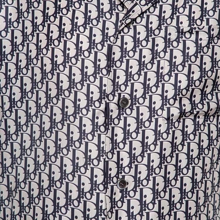 Pre Owned Dior Homme Navy Blue Oblique Monogram Silk Short Sleeve Shirt L