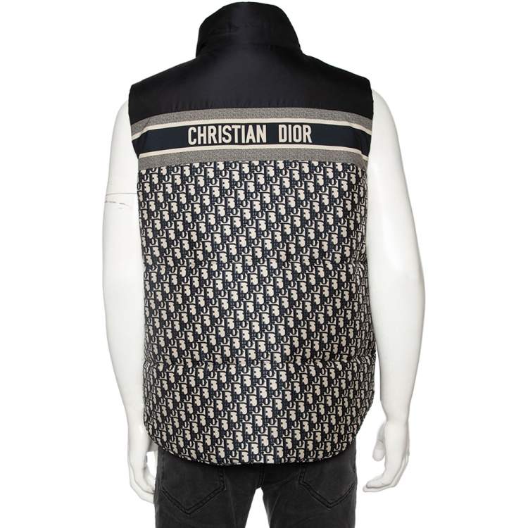 Pre Owned Dior Navy Blue Oblique Monogram Synthetic Reversible Sleeveless Puffer Jacket L
