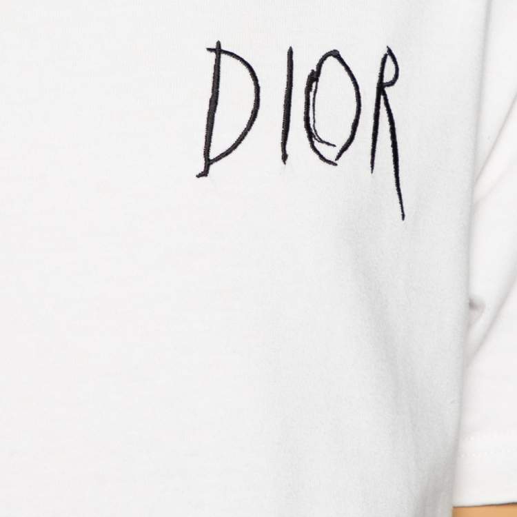 Pre Owned Dior Homme White Logo Embroidered Cotton Crewneck T-Shirt L