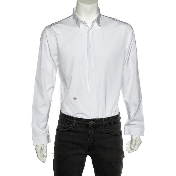 Pre Owned Dior Homme White Cotton Bee Embroidery Detail Button Front Shirt L 