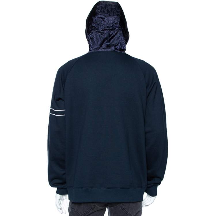 Pre Owned Dior Homme Navy Blue Cotton Knit Oblique Pattern Trim Detail Hooded Sweatshirt L