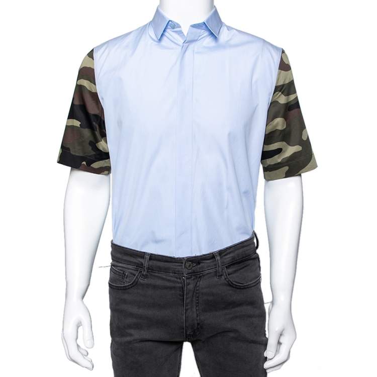 Pre Owned Dior Blue & Camouflage Sleeve Detail Cotton Button Front Shirt M