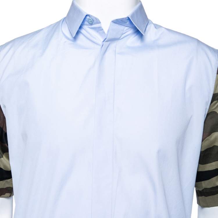 Pre Owned Dior Blue & Camouflage Sleeve Detail Cotton Button Front Shirt M
