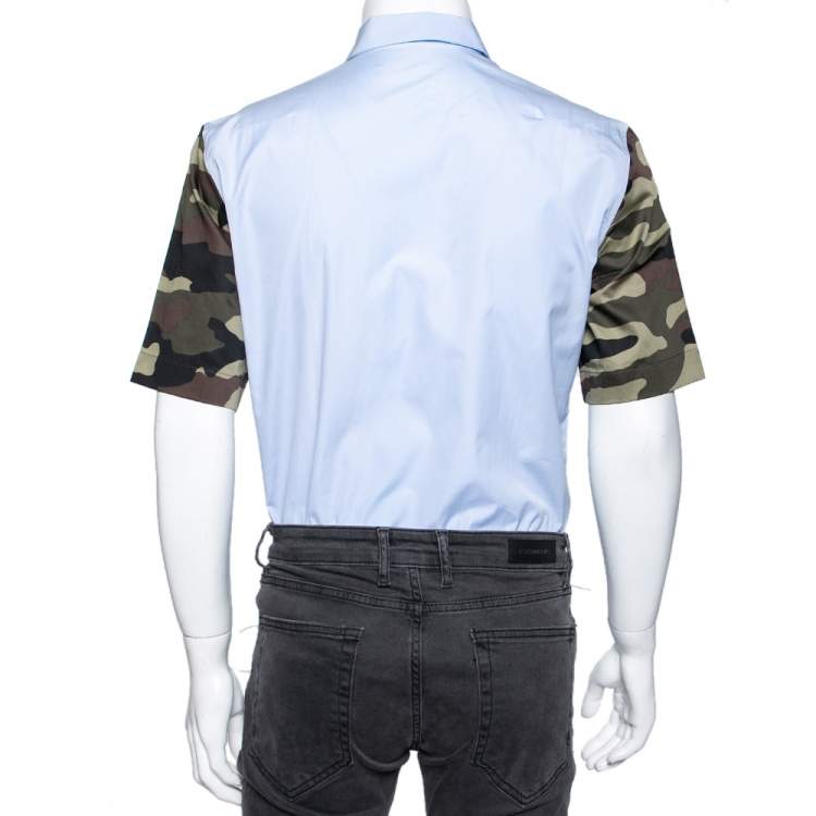 Pre Owned Dior Blue & Camouflage Sleeve Detail Cotton Button Front Shirt M