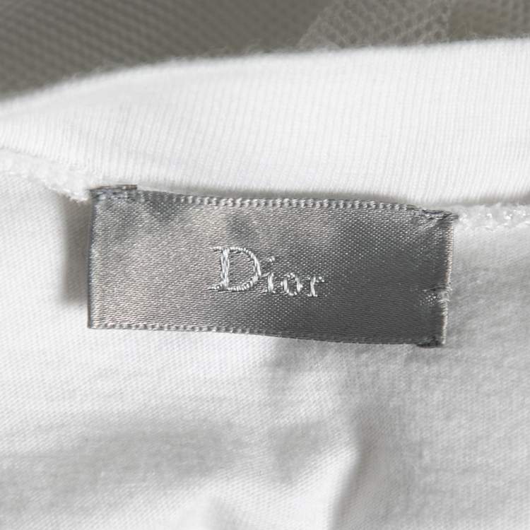 Pre Owned Dior White Printed Cotton and Mesh Overlay Short Sleeve T-shirt XS