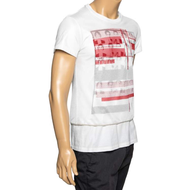 Dior White Printed Cotton and Mesh Overlay Short Sleeve T-shirt XS